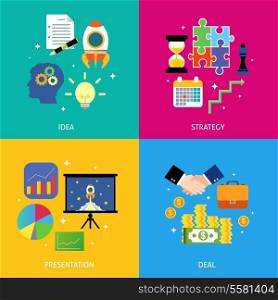 Successful business steps idea strategy presentation deal flat icons set vector illustration