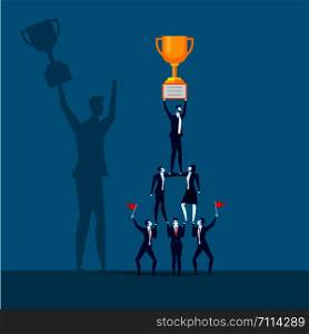 Successful business team holding trophy. Teamwork concept, vector