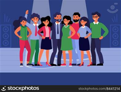 Successful business team standing on stage. Happy male and female colleagues smiling in nightclub flat vector illustration. Business team concept for banner, website design or landing web page