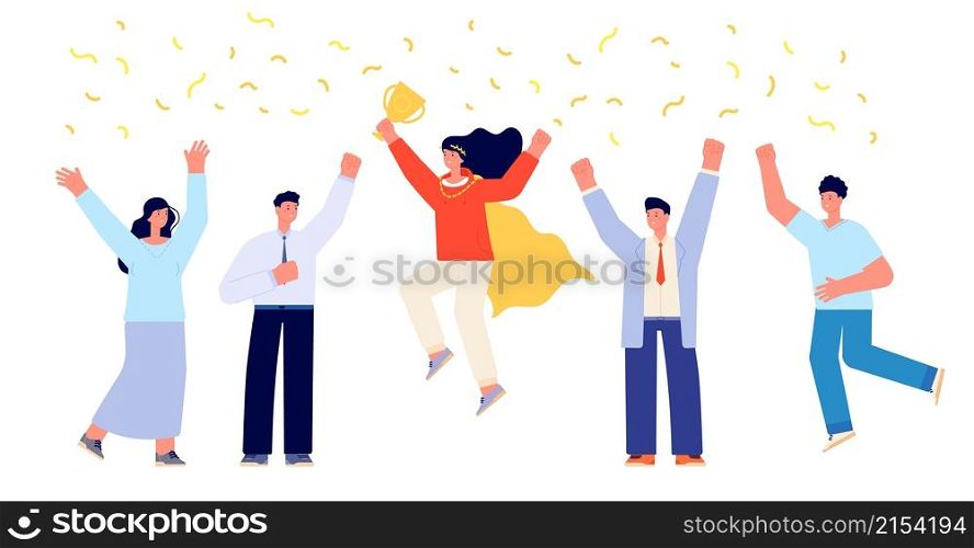 Successful business team. Woman leader, manager group winning competition. Happy office people, man woman jumping vector concept. Illustration of success team win, champion leadership. Successful business team. Woman leader, manager group winning competition. Happy office people, man woman jumping vector concept