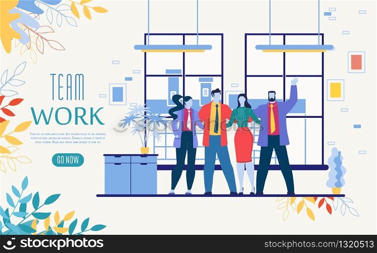 Successful Business Team Work Online Service Flat Vector Web Banner, Landing Page Template with Company Employees, Businessmen and Businesswomen Team Standing Together, Hugging in Office Illustration