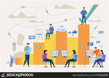 Successful Business Teamwork Flat Vector Concept. Employees Working in Office, Messaging with Partners, Developing Strategy, Boss Standing on Top of Financial Growth Indicator Column Illustration