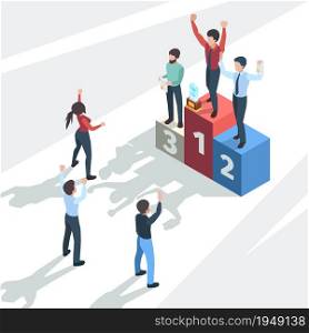 Successful business winners. Award team business company managers professional happy confident persons employees vector isometric concept. Illustration teamwork company with prize, reward winner. Successful business winners. Award team business company managers professional happy confident persons employees vector isometric concept