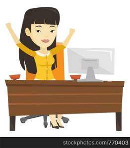 Successful business woman celebrating at workplace in office. Successful business woman celebrating success. Successful business concept. Vector flat design illustration isolated on white background.. Successful business woman vector illustration.
