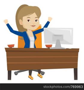 Successful business woman celebrating at workplace. Successful businesswoman celebrating business success. Successful business concept. Vector flat design illustration isolated on white background.. Successful business woman vector illustration.