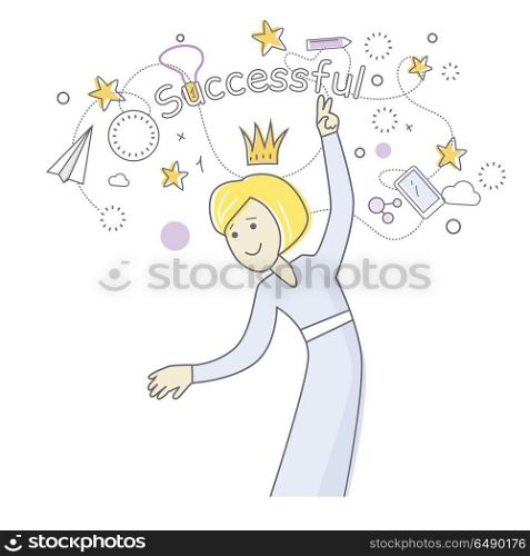 Successful Business Woman Dancing. Queen of Office. Successful business woman dancing. Things that bring good luck surround her. Favourite items in office work. Indispensable things. Paper plane star medal clock crown cloud pen mobile phone. Vector