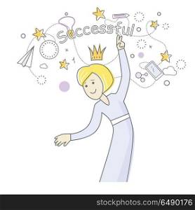 Successful Business Woman Dancing. Queen of Office. Successful business woman dancing. Things that bring good luck surround her. Favourite items in office work. Indispensable things. Paper plane star medal clock crown cloud pen mobile phone. Vector