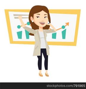 Successful business woman getting good news on mobile phone. Successful business woman talking on mobile phone. Business success concept. Vector flat design illustration isolated on white background.. Woman celebrating business success.
