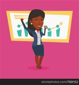 Successful business woman getting good news on mobile phone. An african successful business woman talking on mobile phone. Business success concept. Vector flat design illustration. Square layout.. Successful business woman celebrating success.