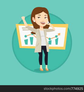 Successful business woman getting good news on mobile phone. Successful woman talking on mobile phone. Business success concept. Vector flat design illustration in the circle isolated on background.. Woman celebrating business success.