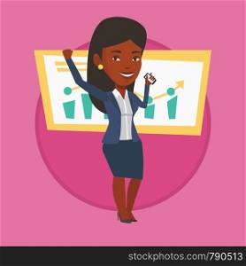 Successful business woman getting good news on mobile phone. Successful woman talking on mobile phone. Business success concept. Vector flat design illustration in the circle isolated on background.. Woman celebrating business success.