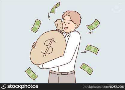 Successful businessman carrying big bag of cash earned from investment or sale of company. Businessman holding dollar bills smiling and wishing to deposit money or invest in securities . Successful businessman carrying big bag of cash earned from investment or sale of company