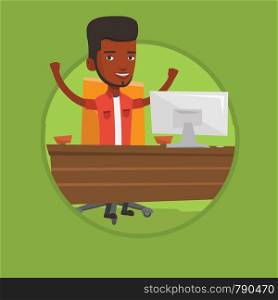 Successful businessman celebrating at workplace. Successful businessman celebrating business success. Successful business concept. Vector flat design illustration in the circle isolated on background.. Successful business man vector illustration.