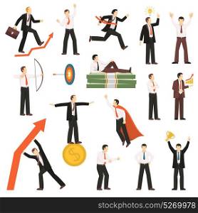 Successful Businessman Flat Icons Collection . Successful businessman winner flat icons collection with goals targeting money investment and profit symbols isolated vector illustration