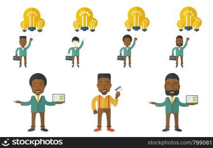 Successful businessman flying with balloons made of idea light bulbs. Businessman having creative business idea. Concept of business idea. Set of vector illustrations isolated on white background.. Vector set of illustrations with business people.