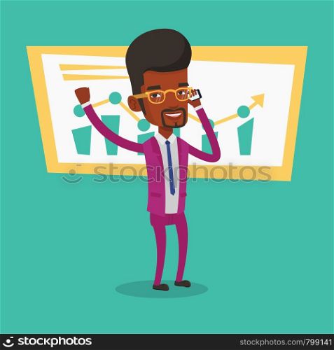 Successful businessman getting good news on mobile phone. An african-american successful businessman talking on mobile phone. Business success concept. Vector flat design illustration. Square layout.. Successful businessman celebrating success.