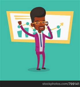 Successful businessman getting good news on mobile phone. An african-american successful businessman talking on mobile phone. Business success concept. Vector flat design illustration. Square layout.. Successful businessman celebrating success.