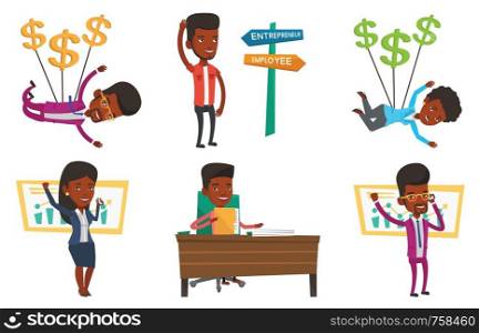 Successful businessman getting good news on mobile phone. Successful businessman talking on mobile phone. Business success concept. Set of vector flat design illustrations isolated on white background. Vector set of business characters.