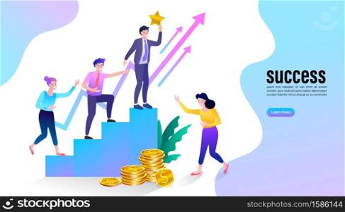 Successful businessman holds the gold star on graph. Winning of competition. Vector illustration flat style