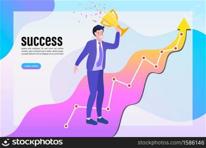 Successful businessman holds the gold trophy on graph. Winning of competition. Vector illustration flat style
