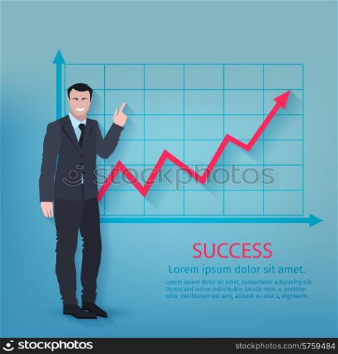 Successful businessman in front of upward development chart poster vector illustration. Successful Businessman Poster