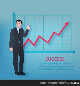 Successful businessman in front of upward development chart poster vector illustration. Successful Businessman Poster