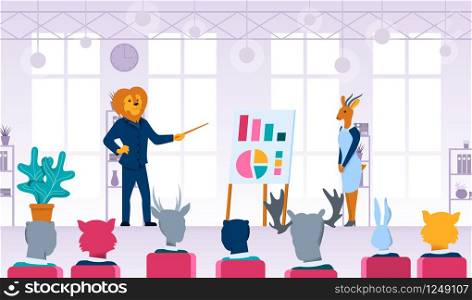 Successful Businessman Metaphor as Lion Animals King Character Pointing on Chart Board With Graphs, Couching on Seminar, Explaining Company Strategy on Meeting With Employees Flat Vector Illustration