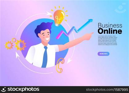 successful businessman pointing at chart going up. Graph to success. Business growing. Vector flat design illustration.