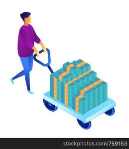 Successful businessman pushing a cart with cash money, tiny people isometric 3D illustration. Finance and savings, investment and banking, manager and budget concept. Isolated on white background.. Businessman pushing a cart with cash money isometric 3D illustration.