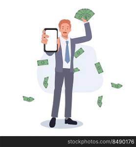 Successful businessman showing cash of dollars and smartphone app. money investment concept. Flat vector cartoon illustration.