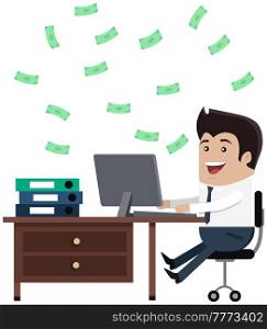 Successful businessman sit with computer surrounded by money bills. Office male employee makes money. Happy man in business suit at workplace with dollar banknotes. Income and high earnings concept. Successful businessman sit with computer surrounded by money bills. Income and high earnings