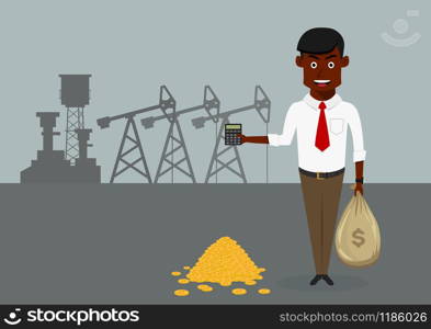 Successful businessman standing near pile of gold coins and holding money bag and calculator in hands with oil pumps on the background, for oil and gas industry themes design