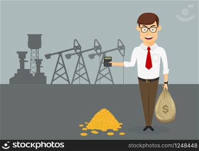 Successful businessman standing near pile of gold coins and holding money bag and calculator in hands with oil pumps on the background, for oil and gas industry themes design. Rich businessman with money in front of oil pumps