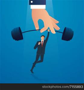 successful businessman standing with big hand weight lifting vector illustration