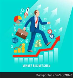 Successful businessman symbolic flat poster with winner rising along his profits red graph diagram line vector illustration . Successful Businessman Symbolic Flat Poster
