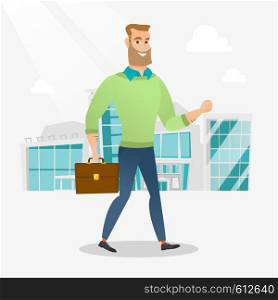 Successful businessman walking in the city street. Businessman walking down the street. Businessman walking to the success. Business success concept. Vector flat design illustration. Square layout.. Successful businessman walking in the city.