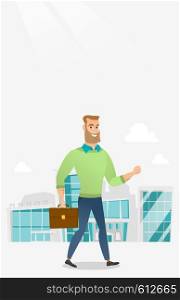 Successful businessman walking in the city street. Businessman walking down the street. Businessman walking to the success. Business success concept. Vector flat design illustration. Vertical layout.. Successful businessman walking in the city.