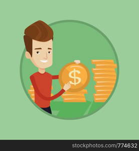 Successful businessman with dollar golden coin in hands. Successful businessman holding golden coin. Business success concept. Vector flat design illustration in the circle isolated on background.. Wealthy businessman holding dollar coin.