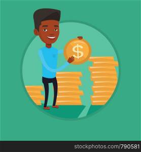 Successful businessman with dollar golden coin in hands. Successful businessman holding golden coin. Business success concept. Vector flat design illustration in the circle isolated on background.. Wealthy businessman holding dollar coin.