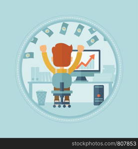 Successful businessman with raised hands sitting in front of computer monitor in office under money rain. Business success concept. Vector flat design illustration in the circle isolated on background. Successful businessman under money rain.