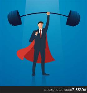 successful businessman with red cape weight lifting vector illustration