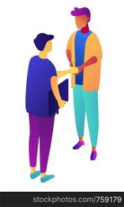 Successful businessmen shaking hands, tiny people isometric 3D illustration. Agreement and partnership, deal and meeting, cooperation and contract concept. Isolated on white background.. Businessmen shaking hands isometric 3D illustration.