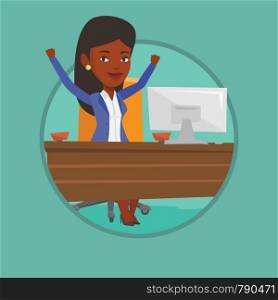 Successful businesswoman celebrating at workplace. Successful business woman celebrating success. Successful business concept. Vector flat design illustration in the circle isolated on background.. Successful business woman vector illustration.