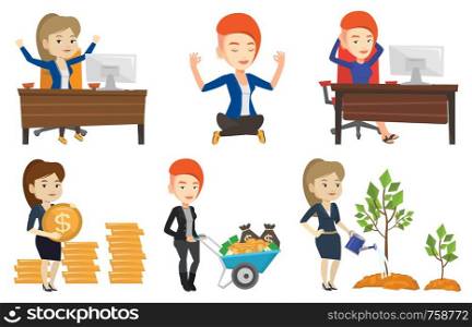 Successful businesswoman celebrating at workplace. Successful businesswoman celebrating success. Successful business concept. Set of vector flat design illustrations isolated on white background.. Vector set of business characters.