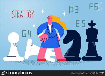 Successful businesswoman on chess board think of business strategy or plan. Female boss or employee brainstorm develop innovative idea or project. Innovation, startup. Vector illustration. . Successful businesswoman on chessboard think of business plan