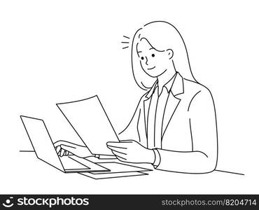 Successful businesswoman sit ta desk work on computer reading documents. Smiling young female employee busy at laptop checking paperwork in office. Vector illustration. . Successful businesswoman work on laptop with paperwork 