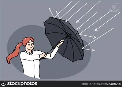 Successful businesswoman use umbrella protect from rain. Concept of investment and profit. Stock exchange and banking stability. Finances and money income. Flat vector illustration. . Businesswoman use umbrella protect form rain 
