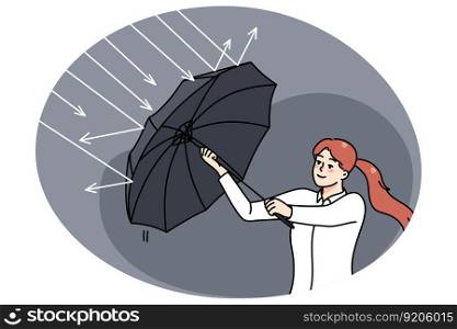 Successful businesswoman use umbrella protect from rain. Concept of investment and profit. Stock exchange and banking stability. Finances and money income. Flat vector illustration.. Businesswoman use umbrella protect form rain