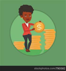 Successful businesswoman with dollar golden coin in hands. Successful businesswoman holding golden coin. Business success concept. Vector flat design illustration in the circle isolated on background.. Successful business woman with dollar coin.