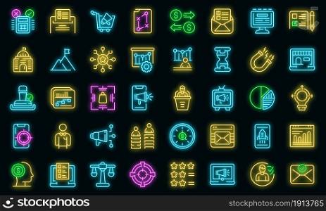 Successful campaign icons set. Outline set of successful campaign vector icons neon color on black. Successful campaign icons set vector neon